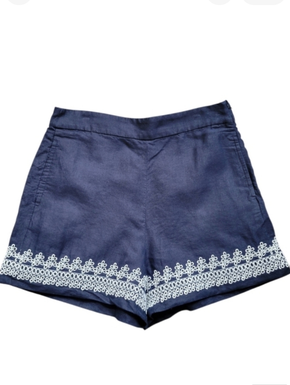 J Crew Embroidered Trim Shorts Beauchamps Linen Navy Blue & White Preppy 10
